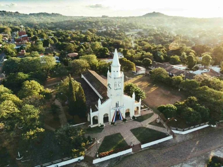 View of the church in the Paraguayan city of Aregua with greenery in the background